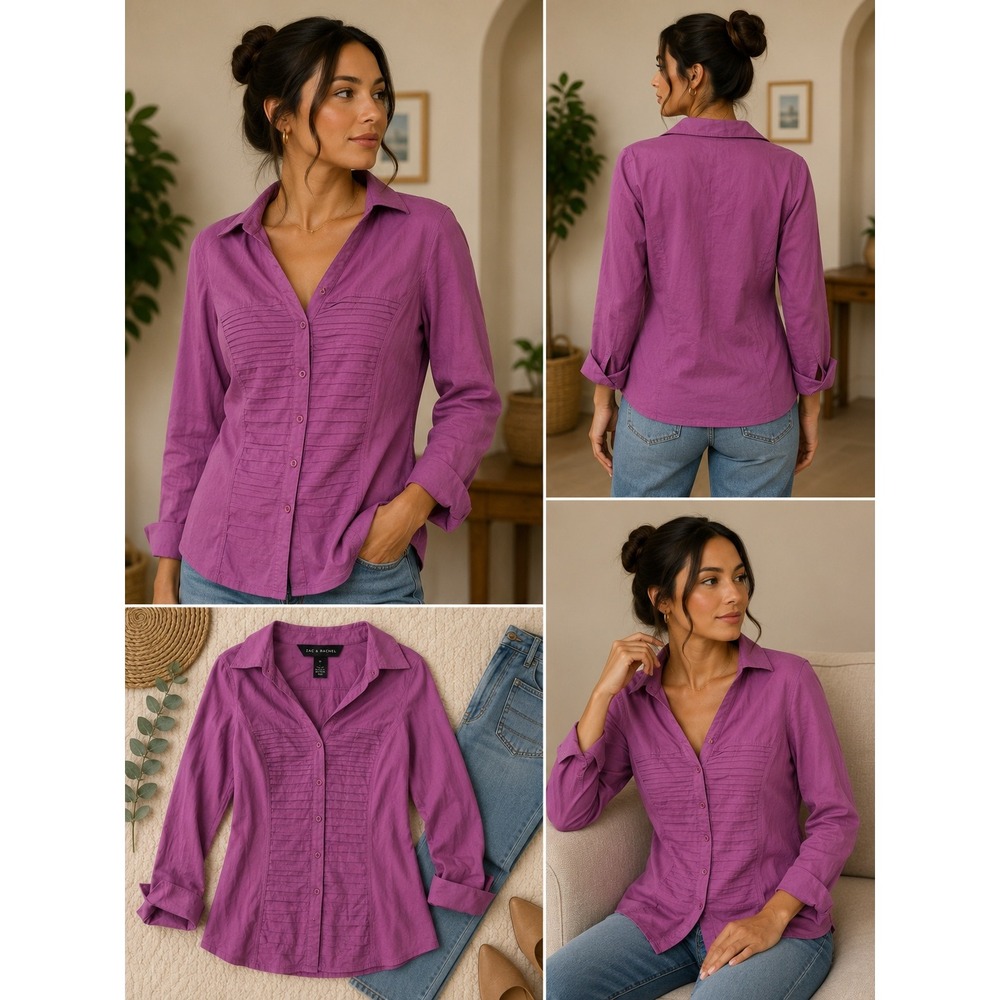 Zac & Rachel Button Down Blouse Womens Medium Purple Pintuck Career Office Chic